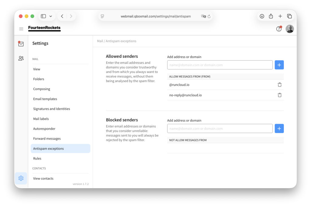 Webmail Antispam exceptions