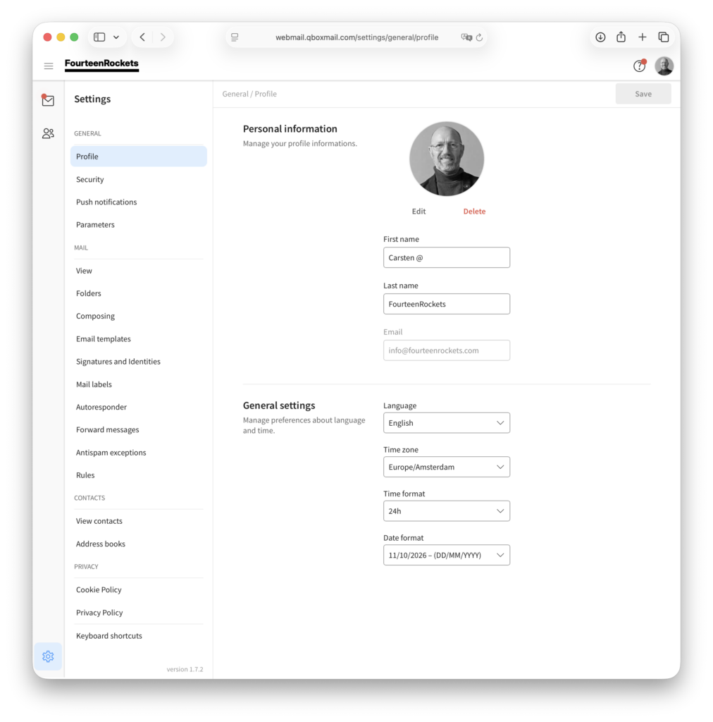 Webmail Profile and language